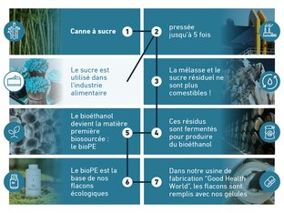 Infographie expliquant le processus de fabrication du flacon éco BIOGENA : (1) La canne à sucre est récoltée, (2) pressée jusqu’à 5 fois ; (3) la mélasse et le sucre résiduel ne sont plus comestibles ; (4) ces résidus sont fermentés en bioéthanol ; (5) le bioéthanol permet de produire la matière première bioPE ; (6) le bioPE est la base des flacons écologiques BIOGENA ; (7) dans la Good Health World, les flacons sont remplis avec nos capsules.