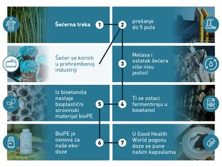 Infografika koja prikazuje proces proizvodnje BIOGENA ekološke ambalaže: (1) Trska šećerne trske se bere, (2) cijedi do 5 puta; (3) melasa i ostatak šećera više nisu jestivi; (4) ti se ostaci fermentiraju u bioetanol; (5) iz bioetanola nastaje biološki sirovina bioPE; (6) bioPE je osnova za BIOGENA eko-ambalažu; (7) u Good Health World ambalaža se puni kapsulama.