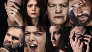 Verschiedene Menschengesichter in Nahaufnahme mit gestressten Gesichtsausdrücken