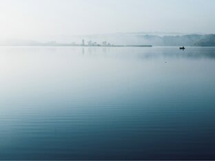 Ruhiger See im Morgennebel, im Hintergrund grüne Wälder