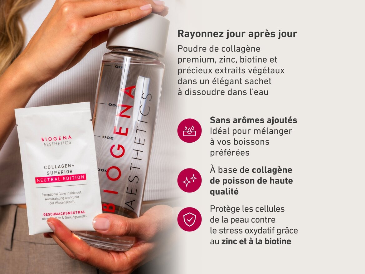 Une femme tient une bouteille transparente BIOGENA AESTHETICS et un sachet de COLLAGEN+ SUPERIOR NEUTRAL EDITION. Le texte à droite met en avant les bienfaits du produit : sans arômes ajoutés, collagène marin de haute qualité, protection des cellules de la peau grâce au zinc et à la biotine.
