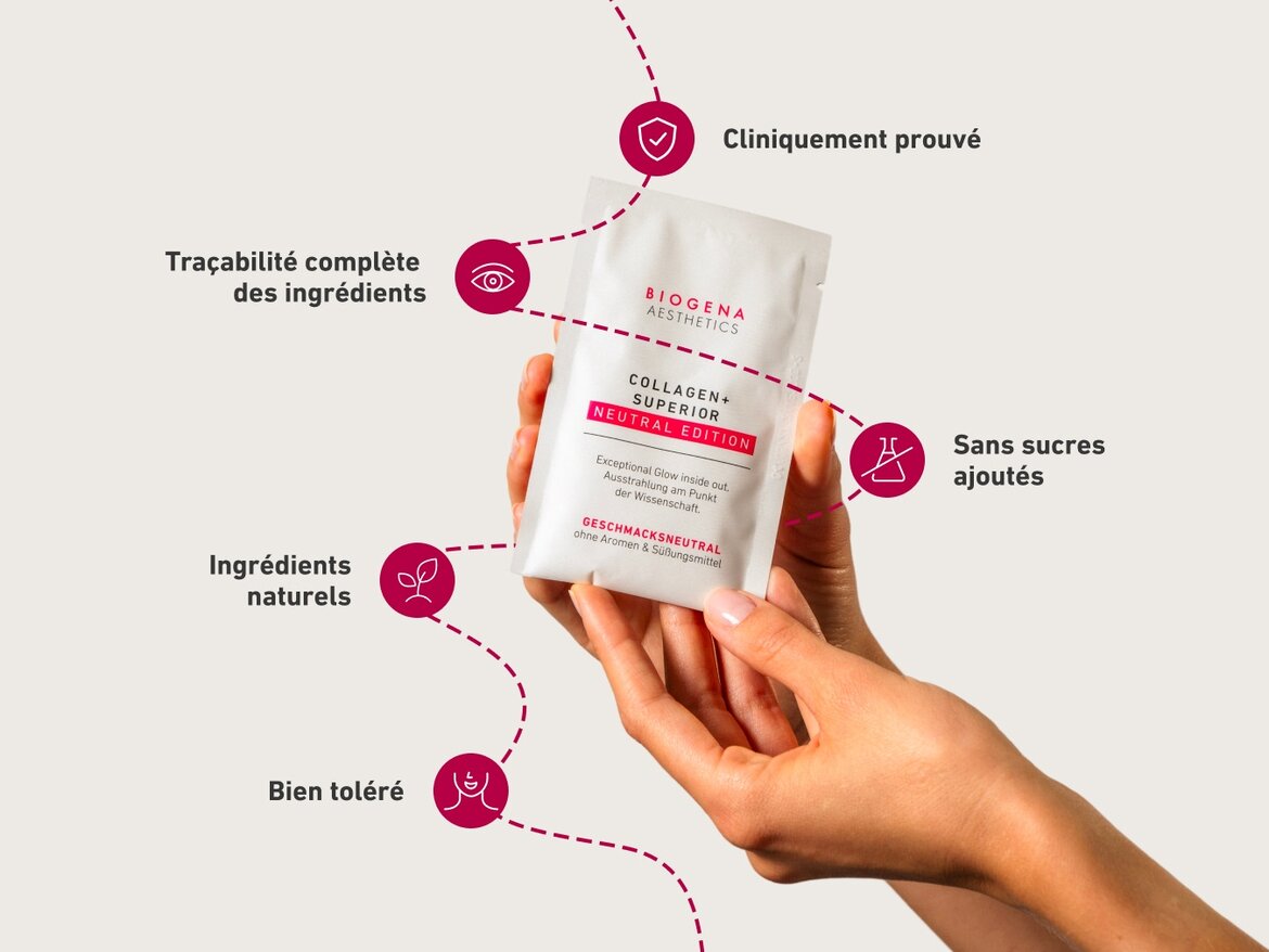 Un sachet de COLLAGEN+ SUPERIOR NEUTRAL EDITION est tenu à deux mains. Autour, des icônes et textes indiquent les avantages du produit : cliniquement prouvé, sans sucres ajoutés, bien toléré, ingrédients naturels et traçabilité complète des ingrédients.