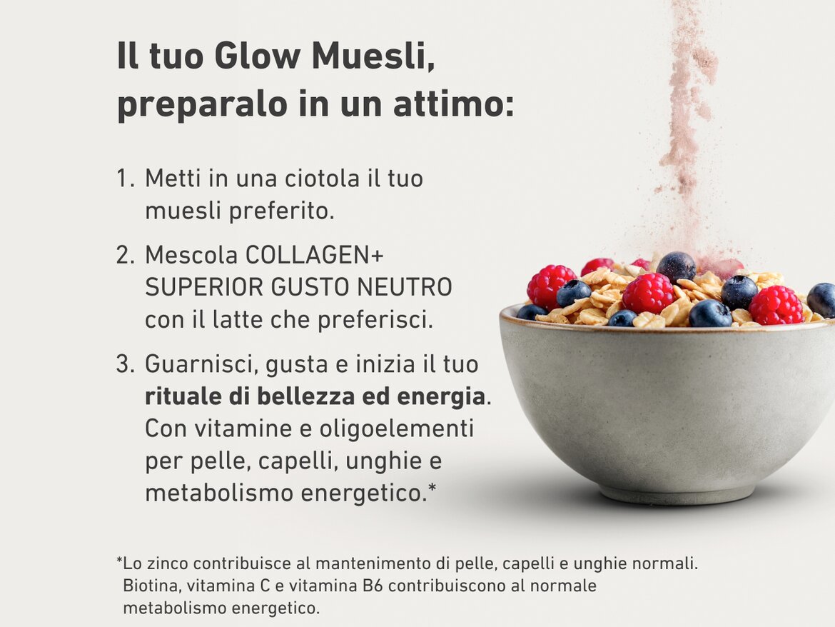 Ciotola di muesli con frutti rossi e polvere che viene versata dall’alto. A sinistra, testo in tre step che spiega come preparare un “Glow Muesli” con COLLAGEN+ gusto neutro, insieme a latte e topping preferiti. Nota finale: vitamine e minerali per pelle, capelli, unghie e metabolismo energetico.