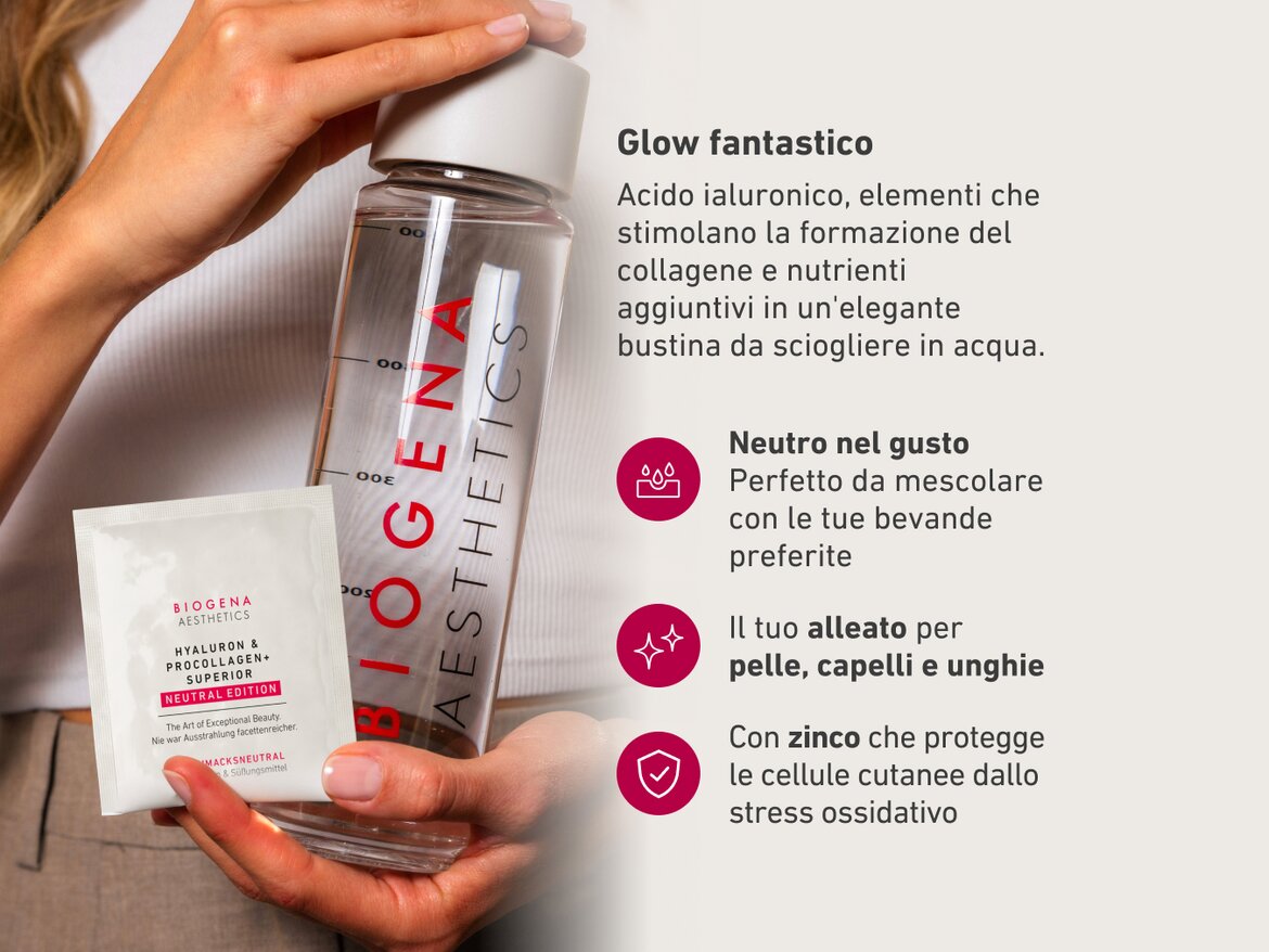 Donna che tiene una borraccia con scritta "BIOGENA AESTHETICS" e una bustina dell’integratore Hyaluron & ProCollagen+ Superior Neutral Edition. A destra, testo con benefici: gusto neutro, ideale da miscelare, alleato per pelle, capelli e unghie, con zinco che protegge le cellule dallo stress ossidativo.