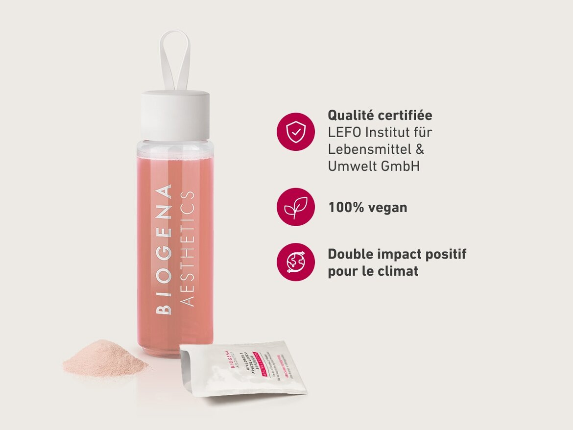 Bouteille transparente BIOGENA Aesthetics remplie d’une boisson rosée, avec poudre et sachet individuel de complément alimentaire. Texte : Qualité certifiée LEFO Institut, 100% vegan, double impact positif pour le climat.