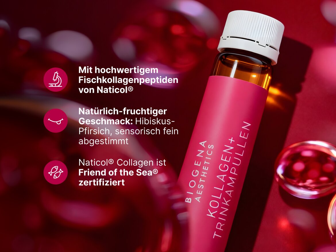 Eine pinkfarbene Trinkampulle von BIOGENA Aesthetics liegt stilvoll auf rotem Hintergrund. Daneben stehen Text und Icons zu hochwertigen Fischkollagenpeptiden von Naticol®, dem hibiskus-pfirsich Geschmack und der Friend-of-the-Sea®-Zertifizierung.
