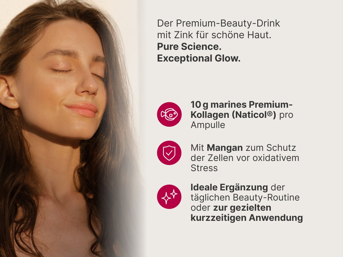 Eine junge Frau mit geschlossen Augen steht im warmen Sonnenlicht und wirkt entspannt. Rechts daneben befinden sich Text und Icons zu einem Premium-Beauty-Drink mit marinem Kollagen, Mangan und Zink sowie Hinweisen zur täglichen Beauty-Routine.