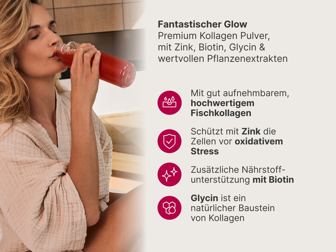 Eine Frau im Bademantel trinkt einen roten Kollagen-Beauty-Drink; rechts daneben stehen Text und Icons zu hochwertigem Fischkollagen, Zink, Biotin und Glycin.
