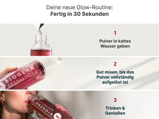 Eine Schritt-für-Schritt-Anleitung zur Zubereitung des Beauty-Drinks: Pulver wird in eine Flasche mit Wasser gegeben, anschließend gut gemixt und zuletzt von einer Person getrunken.