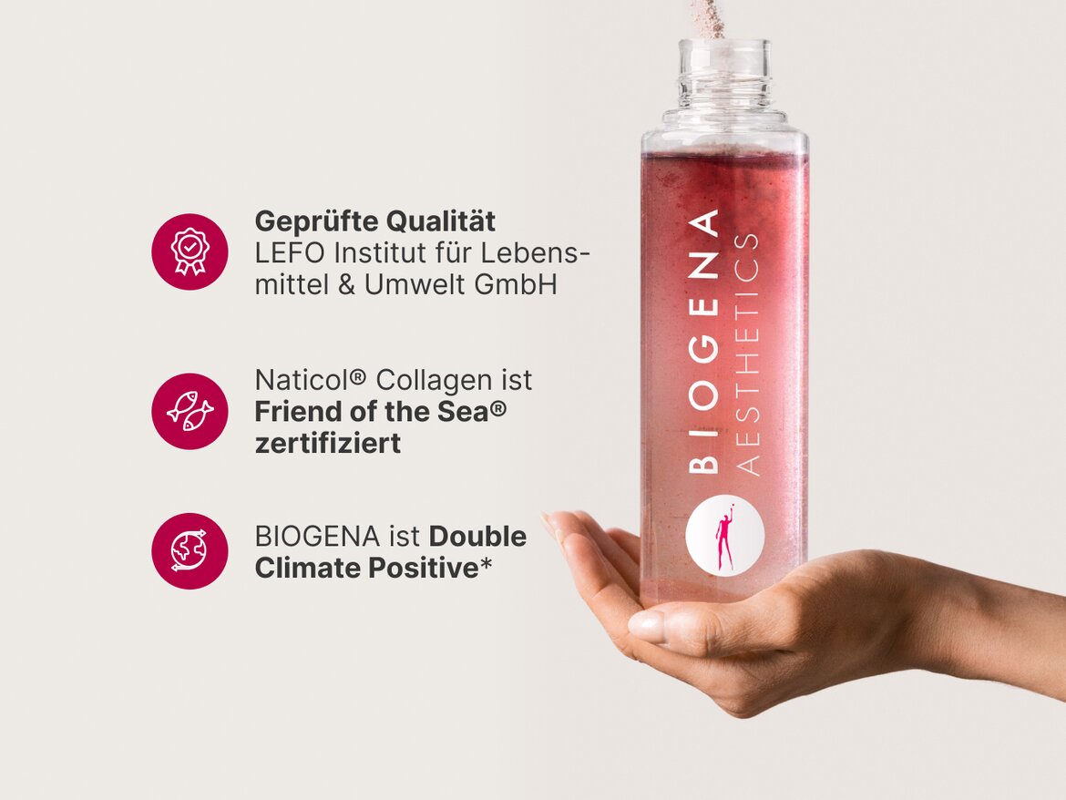 Eine Hand hält eine transparente BIOGENA-Aesthetics-Flasche mit angerührtem Kollagenpulver; daneben stehen Text und Icons zu geprüfter Qualität, Friend-of-the-Sea®-Zertifizierung und Double Climate Positive.