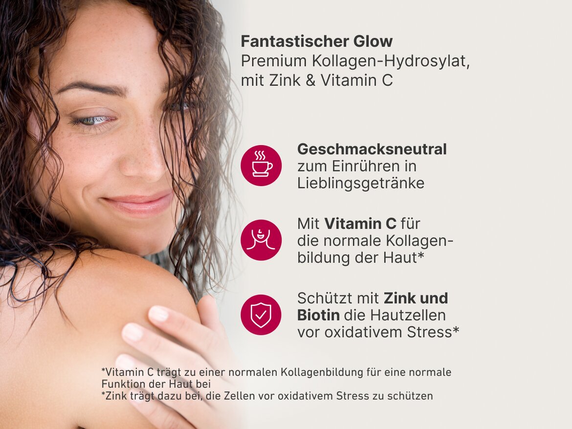 Nahaufnahme einer Frau mit lockigem Haar, die strahlende Haut zeigt, mit Fokus auf BIOGENAs Kollagenhydrolysat-Pulver, angereichert mit Zink und Vitamin C für die Hautgesundheit und Schutz vor oxidativem Stress.