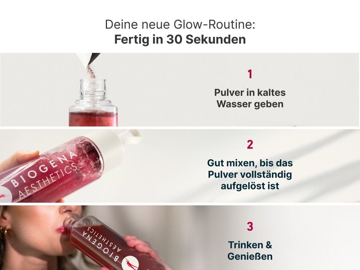 Anleitung für die Anwendung der BIOGENA AESTHETICS Pulverflasche in 3 Schritten: 1. Pulver in kaltes Wasser geben, 2. Gut mixen bis es vollständig aufgelöst ist, 3. Trinken & genießen