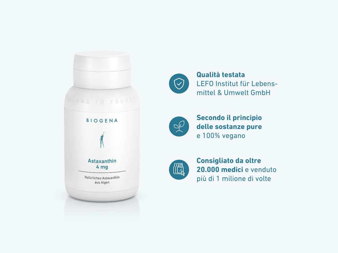 Flacone bianco di BIOGENA Astaxanthin 4 mg su sfondo azzurro chiaro. Accanto, tre punti di forza del prodotto: qualità testata dal LEFO Institut, formulazione secondo il principio delle sostanze pure e vegana, consigliato da oltre 20.000 medici e venduto più di 1 milione di volte.