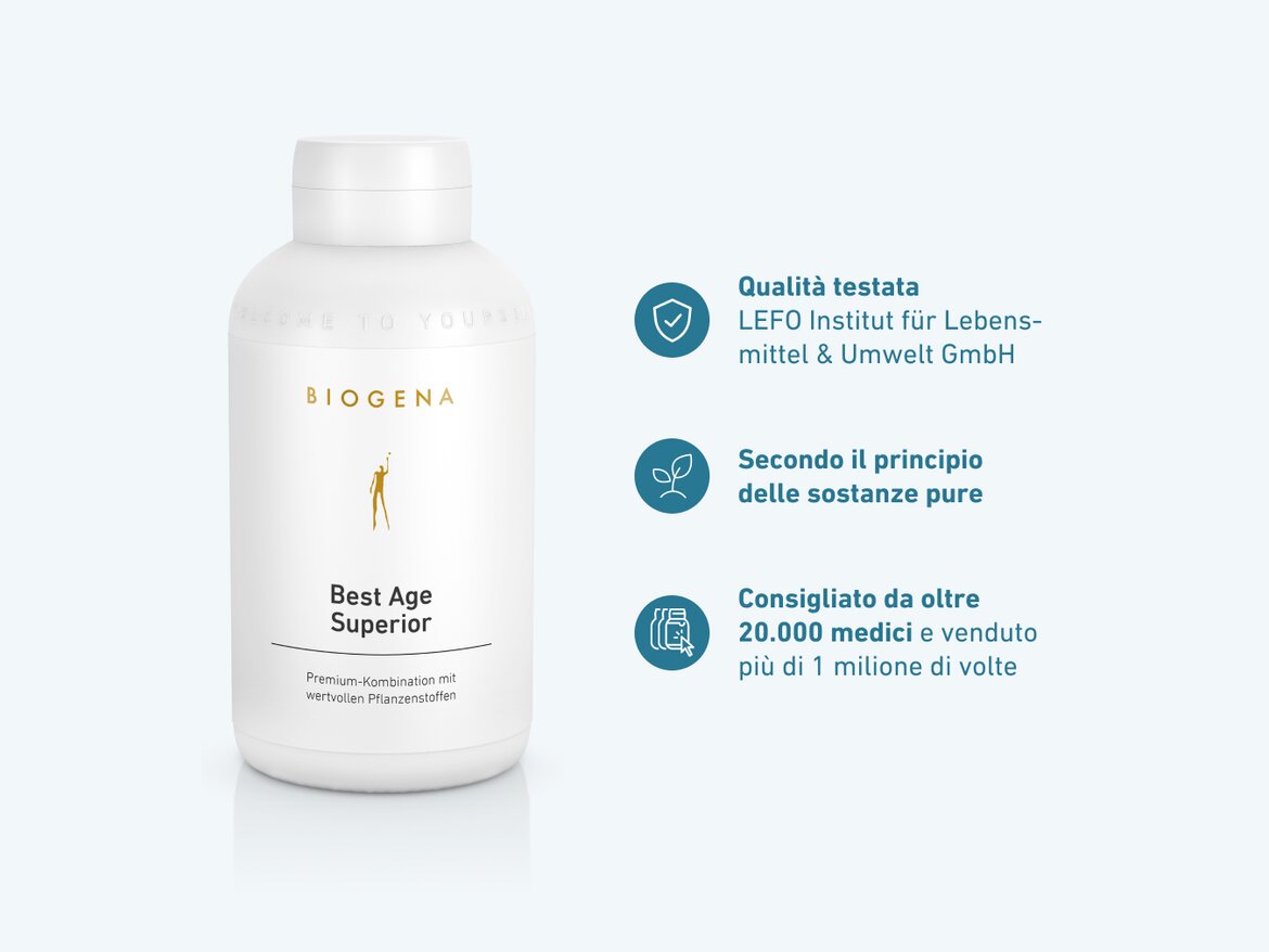 Flacone dell'integratore BIOGENA Best Age Superior su sfondo chiaro. A destra, tre icone con testo indicano: qualità testata dal LEFO Institut, formulazione secondo il principio delle sostanze pure, consigliato da oltre 20.000 medici e venduto più di 1 milione di volte.