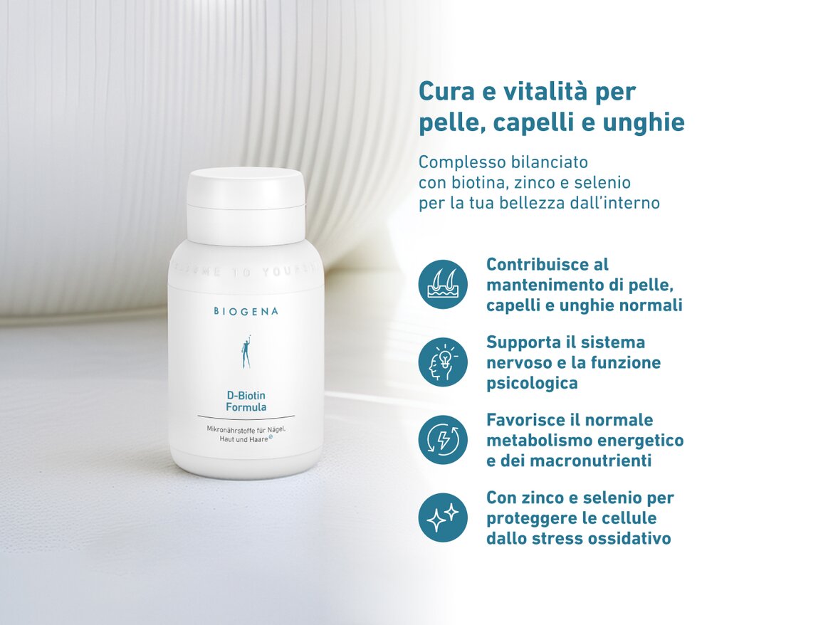Flacone dell'integratore BIOGENA D-Biotin Formula su sfondo bianco elegante. A destra, testo con icone che descrive i benefici: contribuisce alla salute di pelle, capelli e unghie; supporta il sistema nervoso e la funzione psicologica; favorisce il metabolismo energetico e dei macronutrienti; con zinco e selenio per proteggere le cellule dallo stress ossidativo.