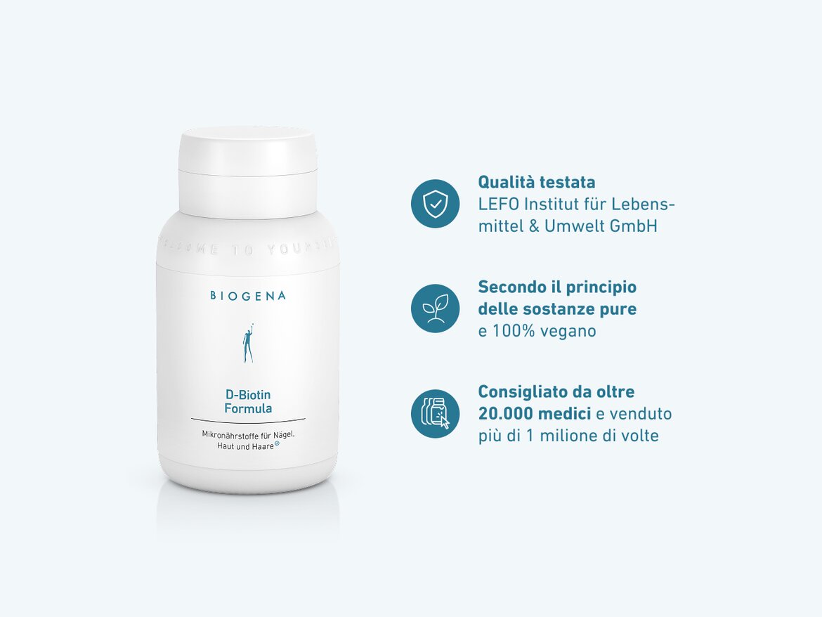 Confezione dell'integratore BIOGENA D-Biotin Formula su sfondo chiaro. A destra, tre vantaggi con icone: qualità testata dal LEFO Institut, secondo il principio delle sostanze pure e 100% vegano, consigliato da oltre 20.000 medici e venduto più di 1 milione di volte.