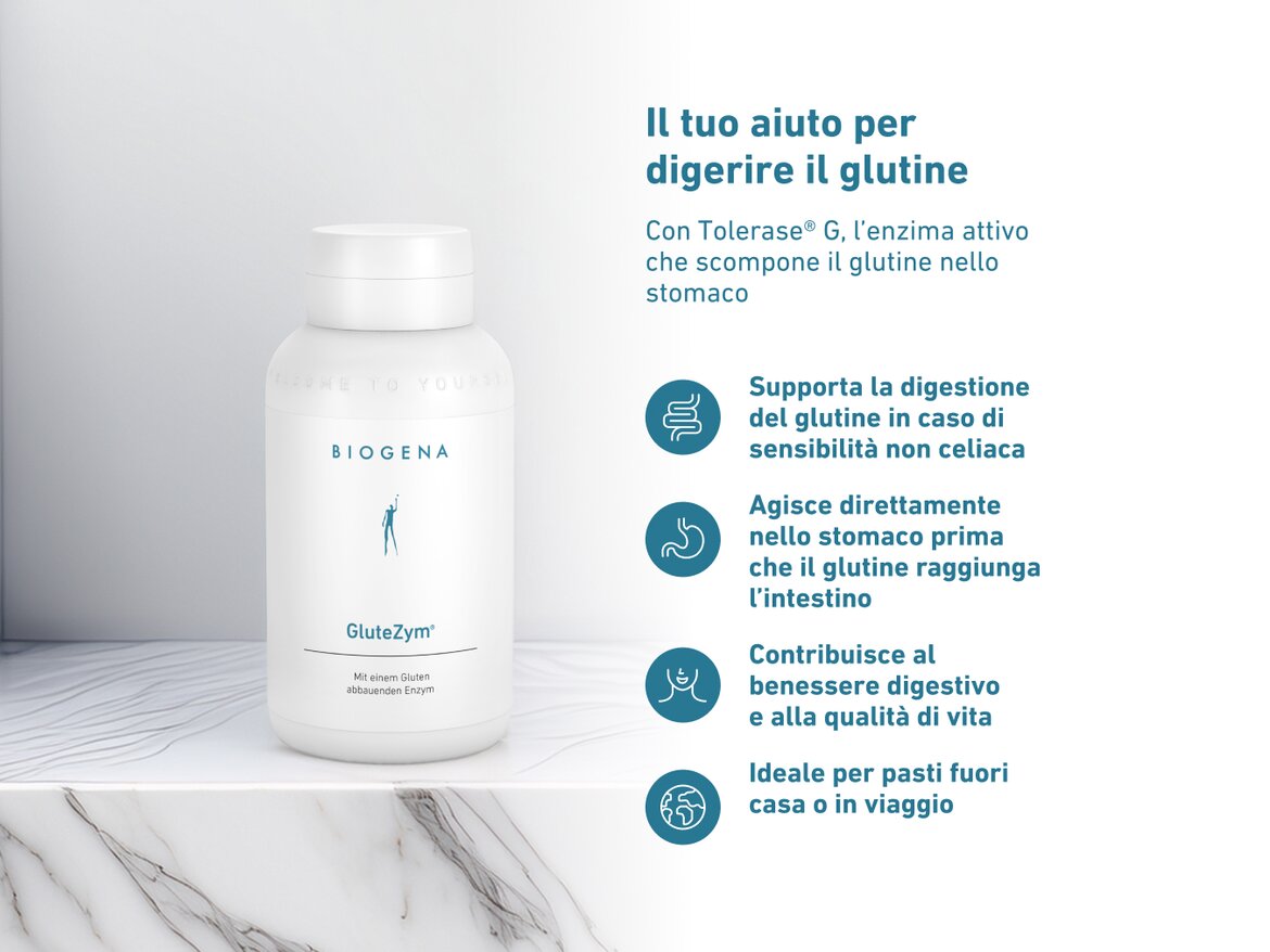 Confezione dell’integratore BIOGENA GluteZym® su superficie in marmo chiaro. A destra, testo e icone illustrano i benefici: supporta la digestione del glutine in caso di sensibilità non celiaca, agisce nello stomaco prima che il glutine raggiunga l’intestino, favorisce il benessere digestivo e la qualità di vita, ideale per pasti fuori casa o in viaggio.