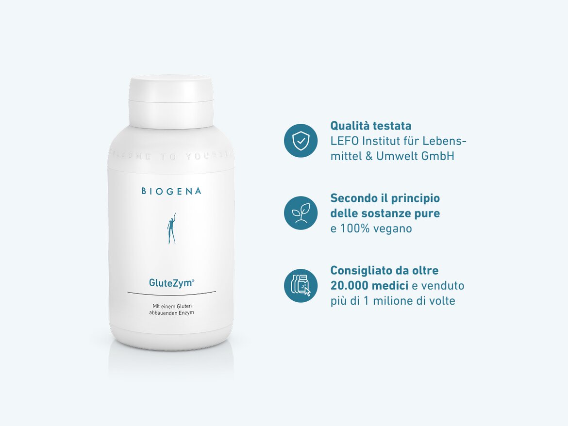 Flacone di BIOGENA GluteZym® su sfondo chiaro. A destra, tre icone con testo: qualità testata dal LEFO Institut, secondo il principio delle sostanze pure e 100% vegano, consigliato da oltre 20.000 medici e venduto più di 1 milione di volte.