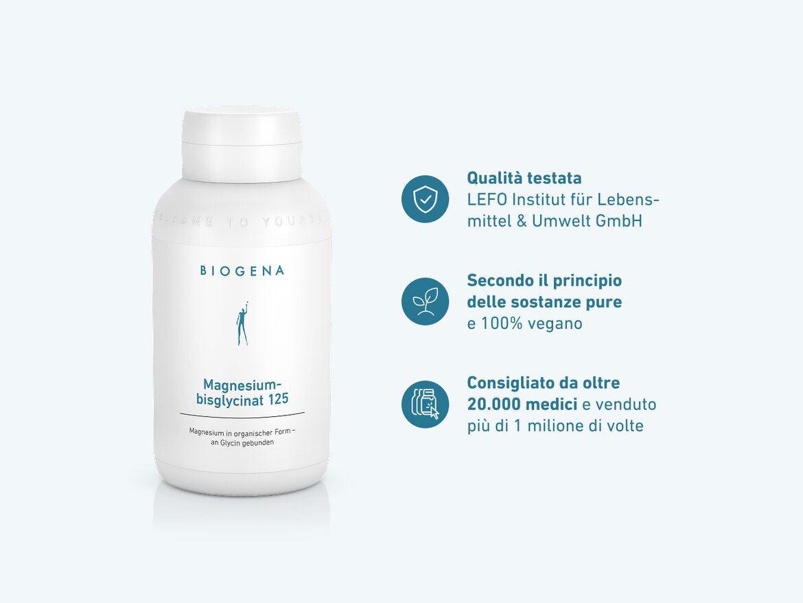 Flacone di Magnesio bisglicinato 125 su sfondo chiaro. A destra, tre elementi chiave con icone: qualità testata dal LEFO Institut, secondo il principio delle sostanze pure e formula 100% vegana, consigliato da oltre 20.000 medici e venduto più di 1 milione di volte.