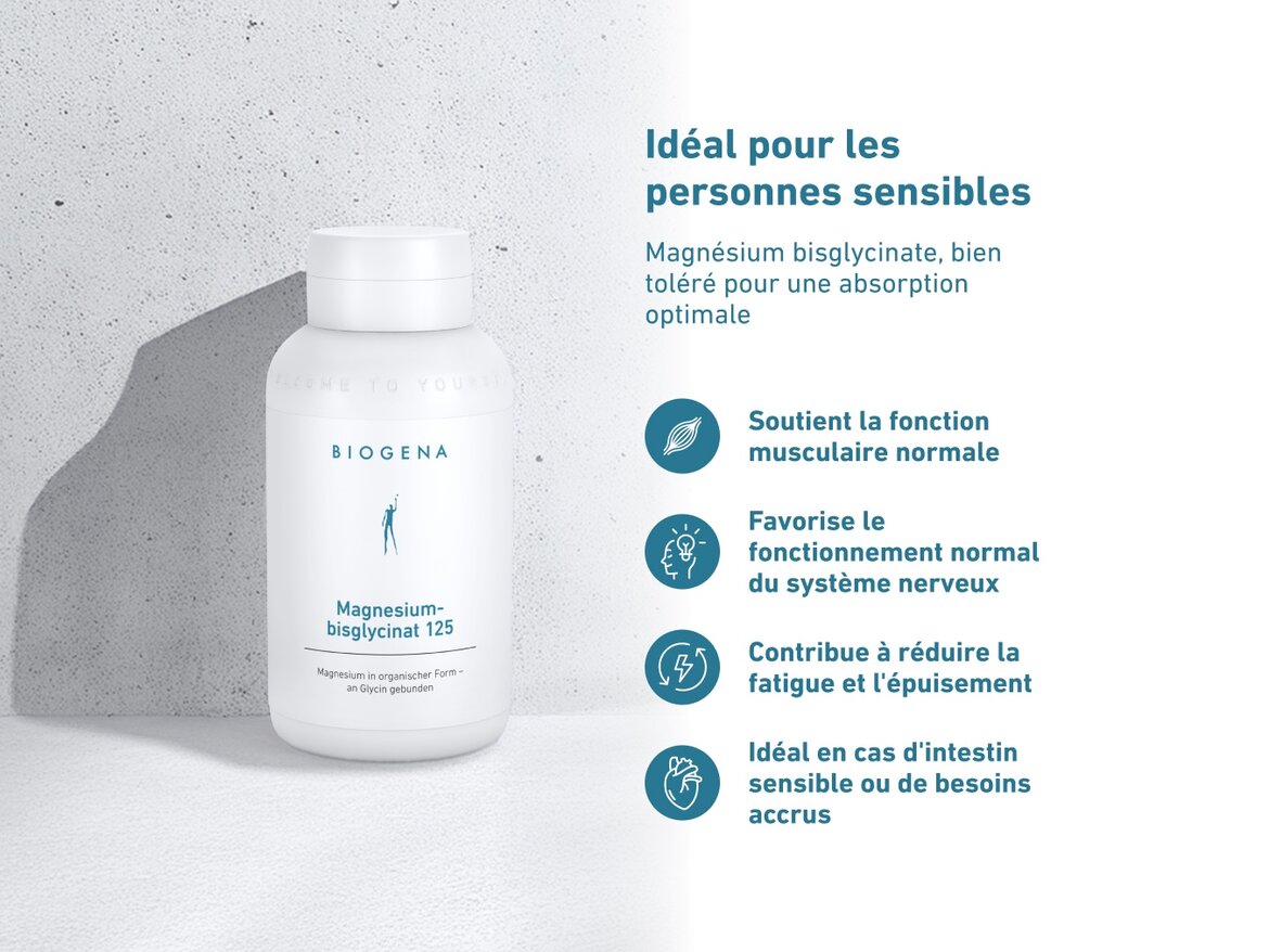 Flacon Biogena Magnesium-bisglycinat 125 posé sur une surface claire. Texte : Idéal pour les personnes sensibles. Bénéfices : soutient la fonction musculaire normale, favorise le système nerveux, aide à réduire fatigue et épuisement, idéal pour intestin sensible ou besoins accrus.