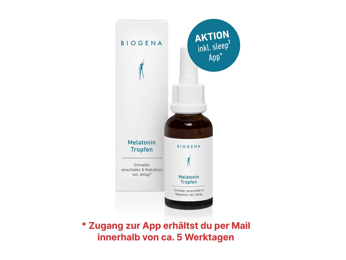 BIOGENA Melatonin Tropfen mit Hinweis auf eine Aktion, die den Zugang zur Sleep 2 App beinhaltet. Der Text informiert, dass der Zugang zur App innerhalb von etwa 5 Werktagen per Mail erfolgt.
