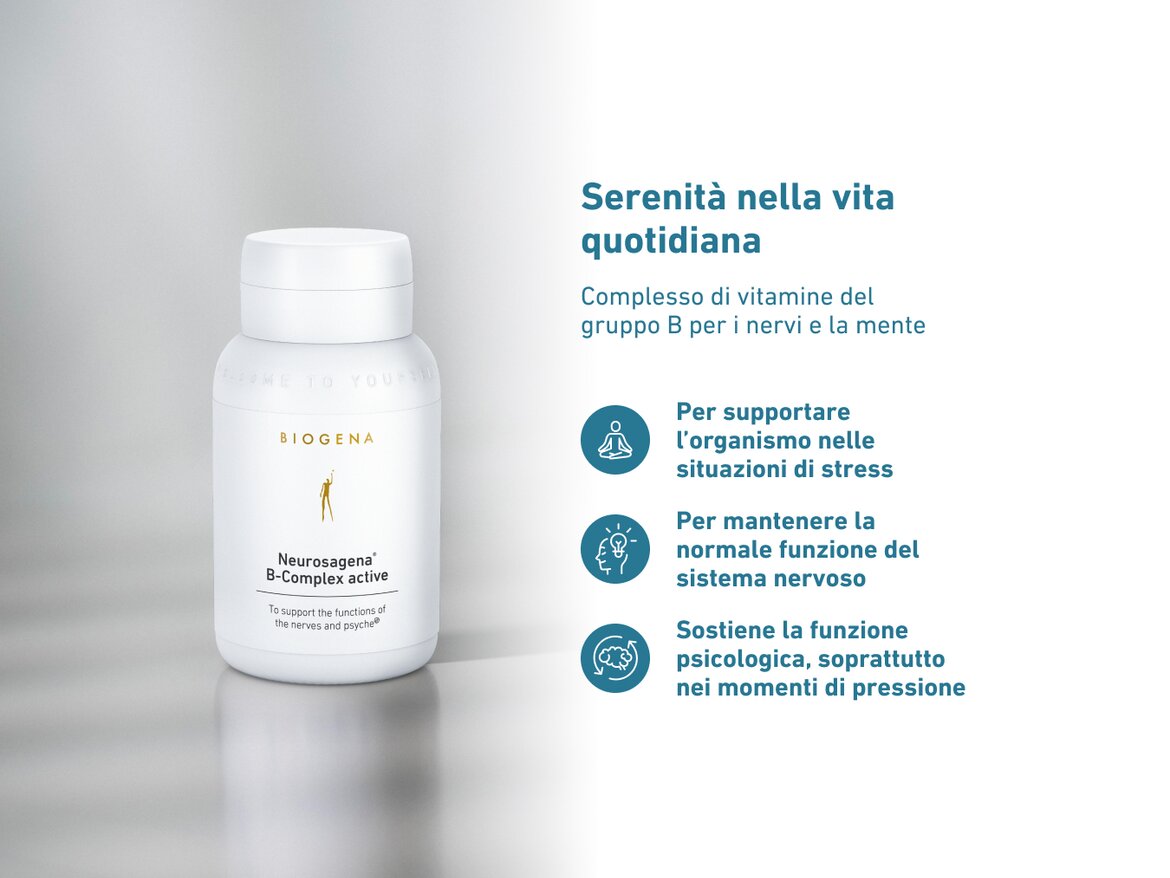 BIOGENA Neurosagena® B-Complex active: integratore con vitamine del gruppo B per sostenere nervi e psiche. Aiuta nelle situazioni di stress, supporta il sistema nervoso e la funzione psicologica.
