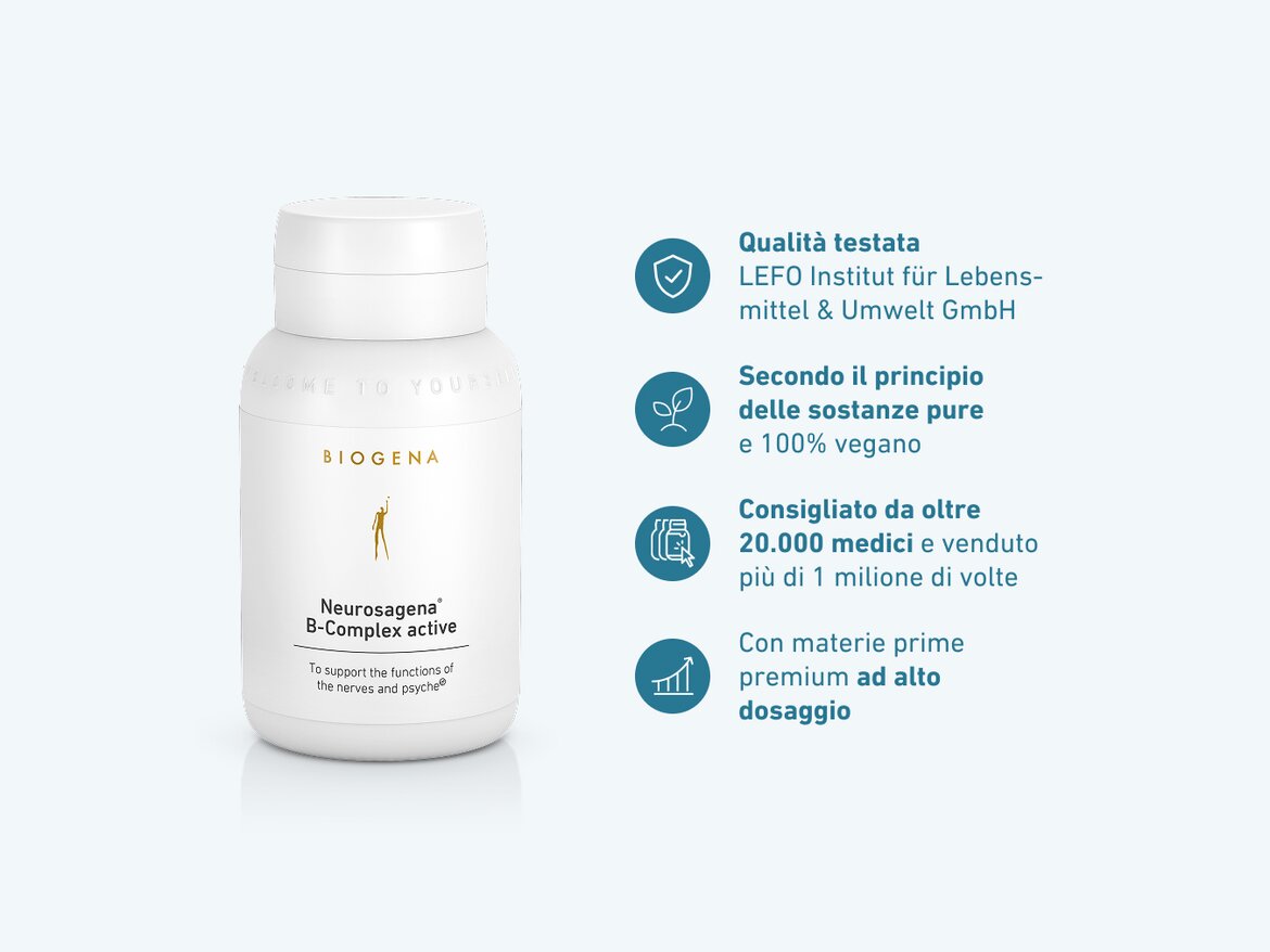BIOGENA Neurosagena® B-Complex active: qualità testata, 100% vegano e senza additivi. Consigliato da oltre 20.000 medici e venduto oltre 1 milione di volte, con materie prime premium ad alto dosaggio.