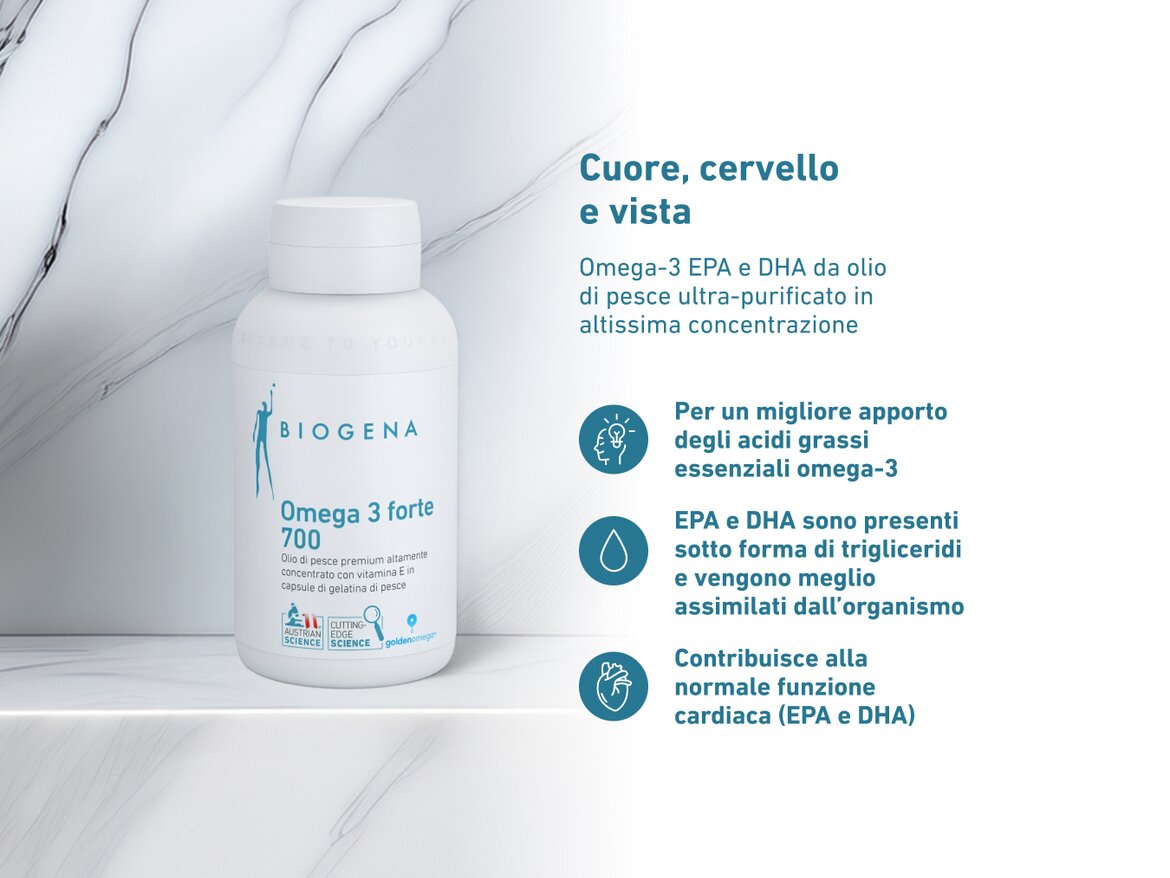 Flacone di BIOGENA Omega 3 forte 700 su sfondo marmorizzato chiaro. A destra, testo con benefici e icone: apporto ottimale di omega-3, EPA e DHA in forma di trigliceridi per una migliore assimilazione, contribuisce alla normale funzione cardiaca.