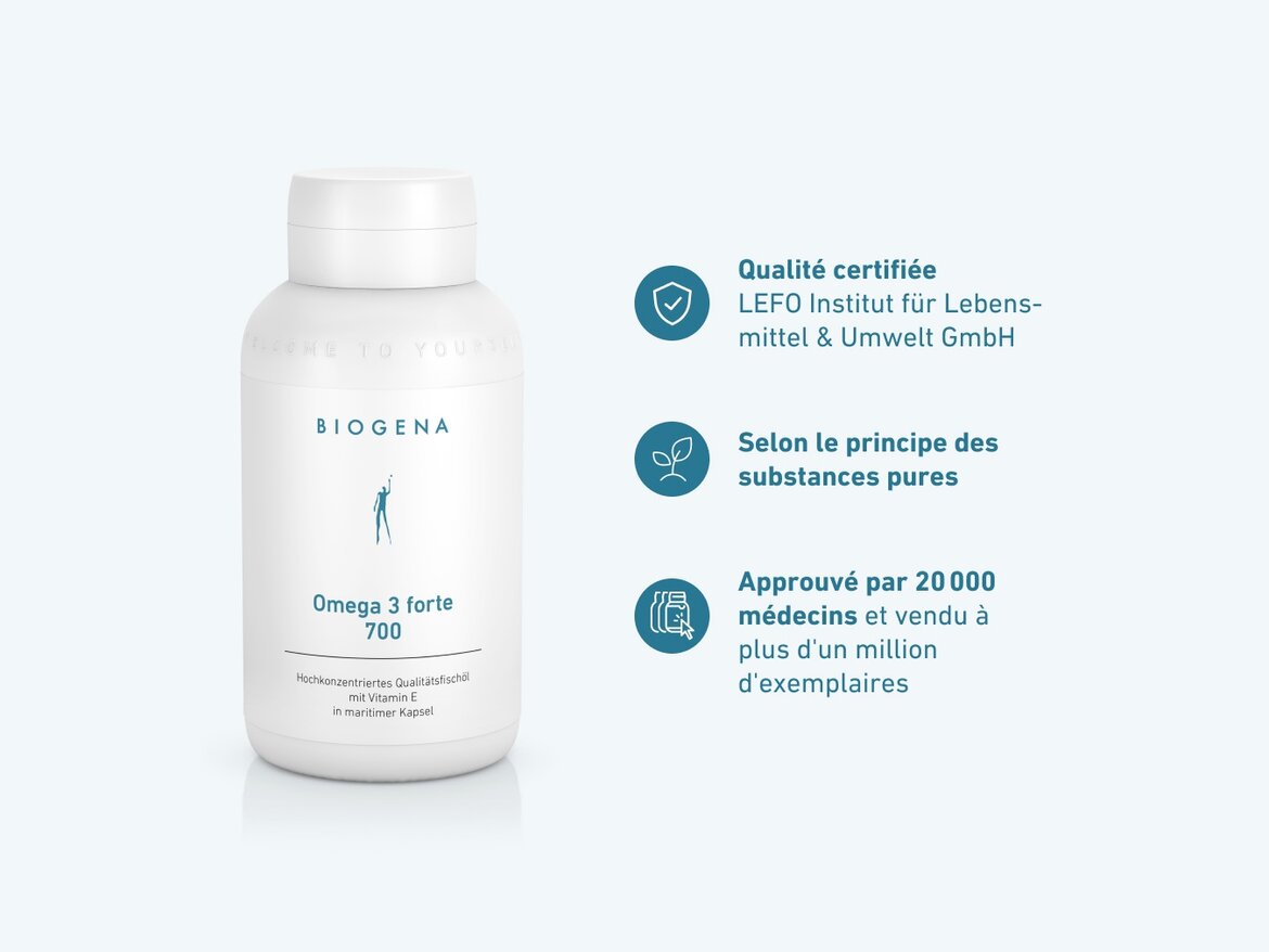 Flacon blanc de BIOGENA Omega 3 forte 700 posé sur fond clair. À droite, trois avantages : qualité certifiée par le LEFO Institut, respect du principe des substances pures, et approbation par 20 000 médecins avec plus d’un million d’unités vendues.
