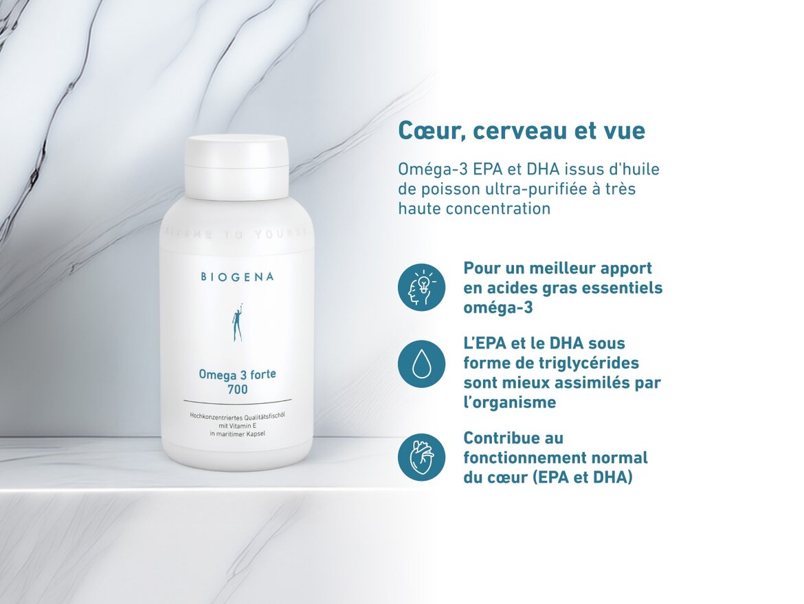 Flacon de BIOGENA Omega 3 forte 700 sur fond marbré. À droite, description des bienfaits : meilleur apport en oméga-3 essentiels, meilleure assimilation de l’EPA et du DHA sous forme de triglycérides, et contribution au fonctionnement normal du cœur (grâce à l’EPA et au DHA).
