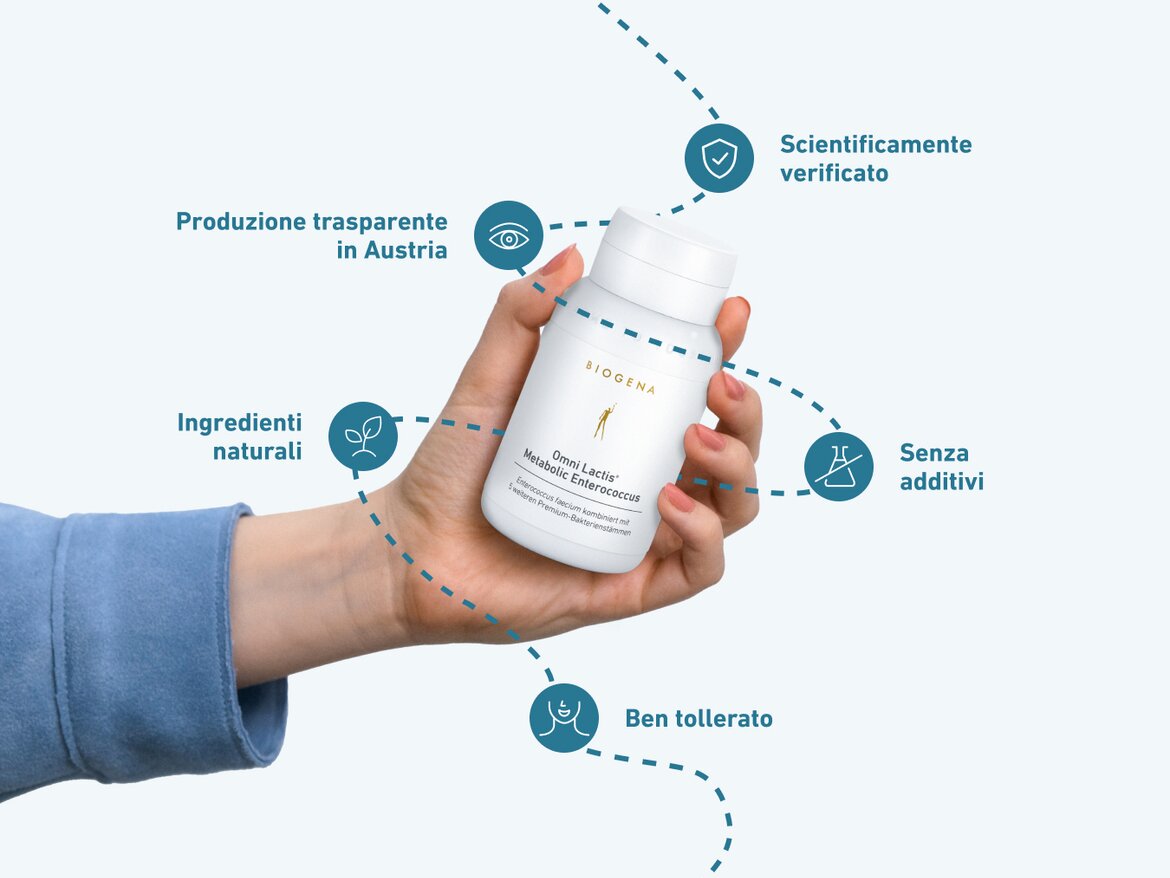Mano che tiene un flacone di Biogena Omni Lactis® Metabolic Enterococcus. Attorno al prodotto, icone e testi evidenziano i punti di forza: produzione trasparente in Austria, scientificamente verificato, senza additivi, ben tollerato, ingredienti naturali.