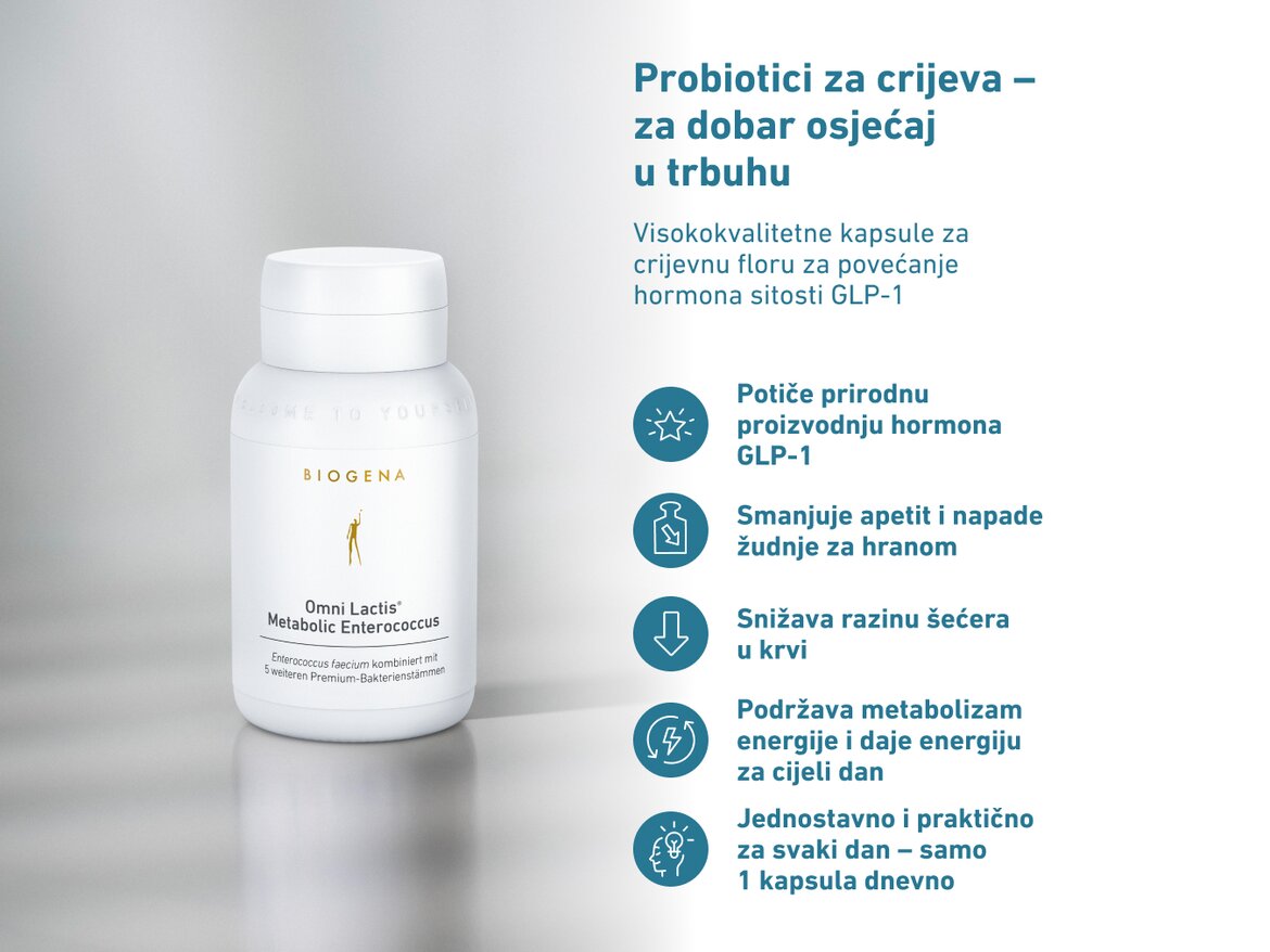 Bočica Biogena dodatka prehrani "Omni Lactis® Metabolic Enterococcus" s popisom prednosti: podržava proizvodnju hormona GLP-1, smanjuje apetit, snižava razinu šećera u krvi, potiče energetski metabolizam i lako se uzima s jednom kapsulom dnevno.