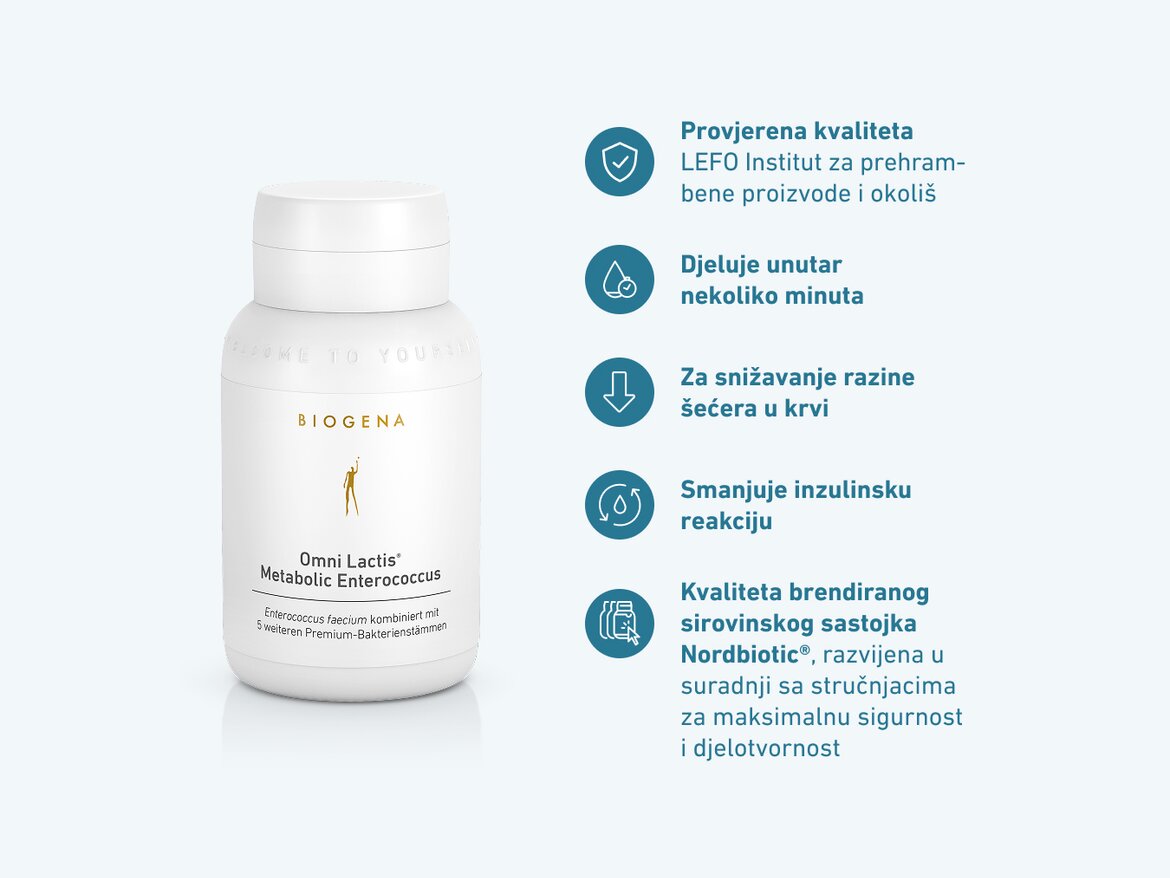 Bočica Biogena Omni Lactis® Metabolic Enterococcus dolazi s 5 prednosti: kvaliteta testirana od strane LEFO instituta, brzo djelovanje, smanjenje razine šećera u krvi, smanjenje inzulinskog odgovora, Nordbiotic® sirovina razvijena sa stručnjacima za sigurnost i učinkovitost.