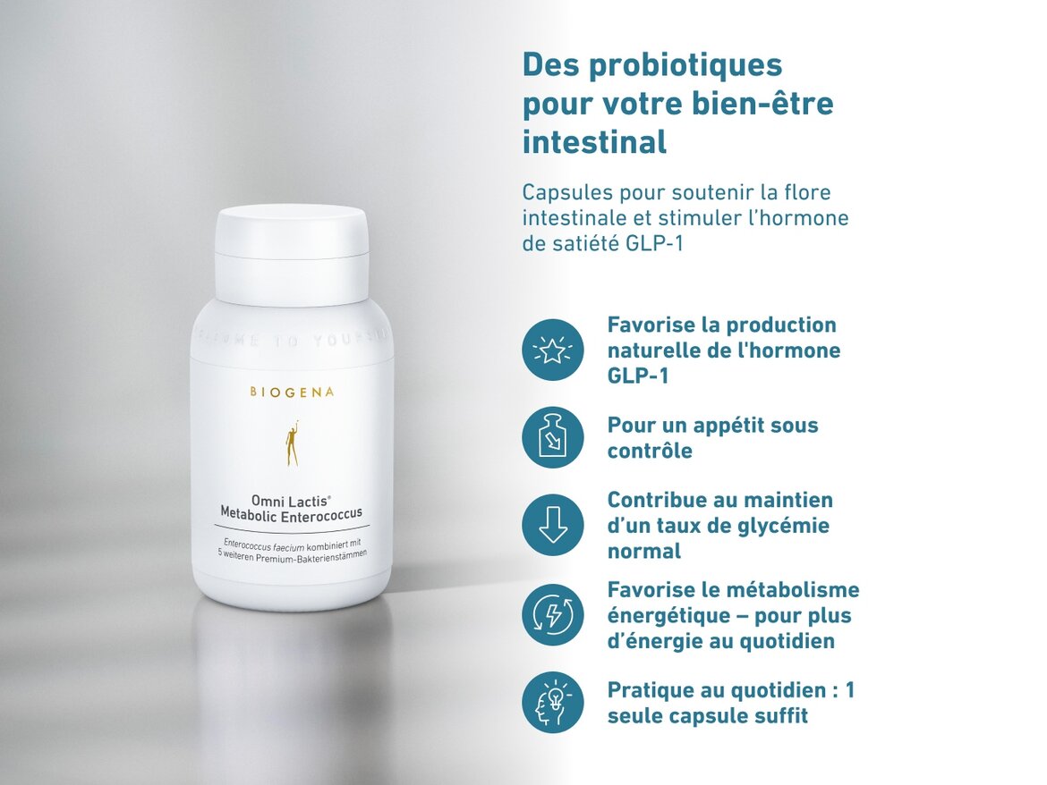 Flacon Biogena Omni Lactis® Metabolic Enterococcus posé sur une surface claire avec texte : des probiotiques pour le bien-être intestinal. Bénéfices : favorise la production de l’hormone GLP-1, aide à contrôler l’appétit, contribue à la glycémie normale, soutient le métabolisme énergétique, pratique au quotidien avec 1 capsule.