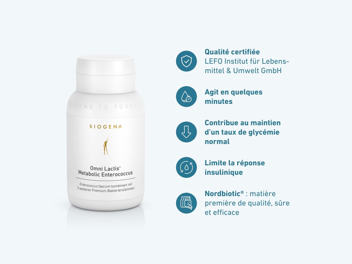 Flacon Biogena Omni Lactis® Metabolic Enterococcus avec pictogrammes. Texte : Qualité certifiée LEFO Institut, agit en quelques minutes, contribue au maintien d’une glycémie normale, limite la réponse insulinique, Nordbiotic® comme matière première de qualité, sûre et efficace.