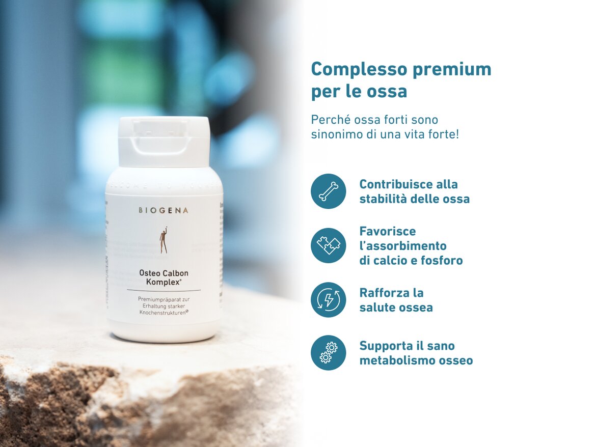 BIOGENA Osteo Calbon Komplex®: complesso premium per le ossa. Favorisce la stabilità ossea, l’assorbimento di calcio e fosforo e il metabolismo osseo sano.