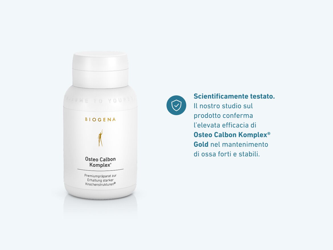 BIOGENA Osteo Calbon Komplex®: scientificamente testato. Studio sull’efficacia del prodotto conferma il supporto nel mantenimento di ossa forti e stabili.