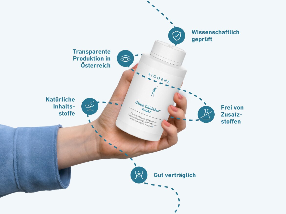 Eine Hand hält das Produkt Osteo Caldebor® vegan von Biogena. Rund um das Produkt sind Symbole und Text, die die Vorteile hervorheben: Transparente Produktion in Österreich, natürliche Inhaltsstoffe, wissenschaftlich geprüft, frei von Zusatzstoffen und gut verträglich
