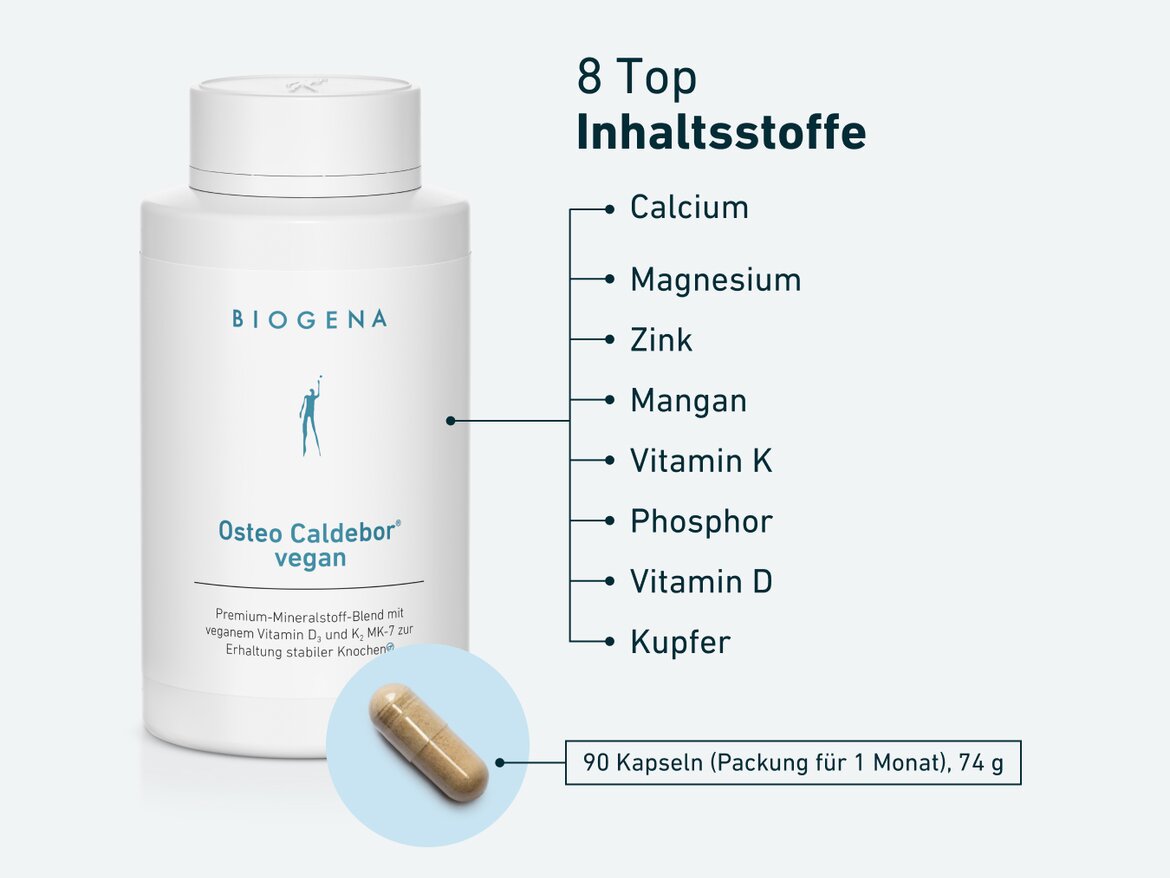 Das Produkt BIOGENA Osteo Caldebor® vegan in einer weißen Flasche mit einer Kapsel daneben. Der Text auf der rechten Seite hebt die 8 Top-Inhaltsstoffe hervor: Calcium, Magnesium, Zink, Mangan, Vitamin K, Phosphor, Vitamin D und Kupfer. Unten steht: '90 Kapseln (Packung für 1 Monat), 74 g