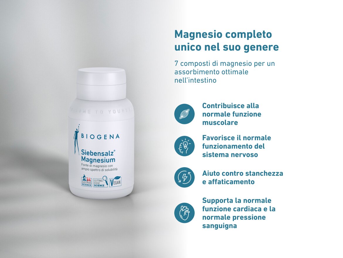 BIOGENA Siebensalz® Magnesium: magnesio completo con 7 composti per un assorbimento ottimale. Supporta muscoli, sistema nervoso, cuore ed energia.