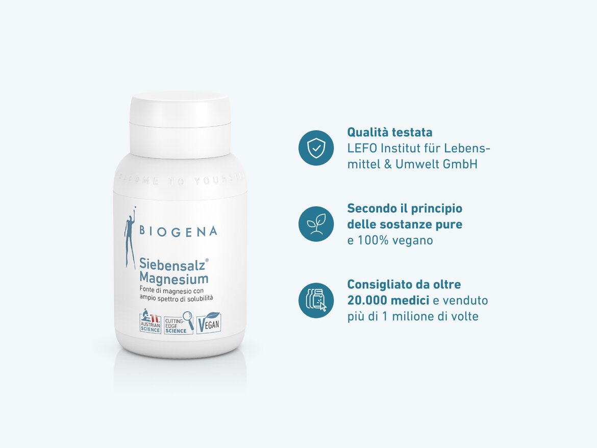 BIOGENA Siebensalz® Magnesium: qualità testata dal LEFO Institut. Secondo il principio delle sostanze pure, 100% vegano, consigliato da oltre 20.000 medici.