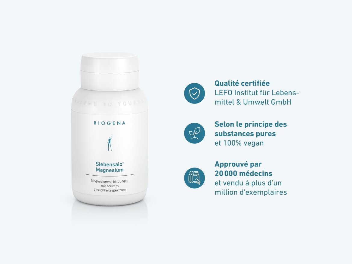 Gros plan sur un flacon Biogena Siebensalz® Magnesium avec pictogrammes. Texte : Qualité certifiée LEFO Institut, selon le principe des substances pures, 100% vegan, approuvé par 20 000 médecins et vendu à plus d’un million d’exemplaires.