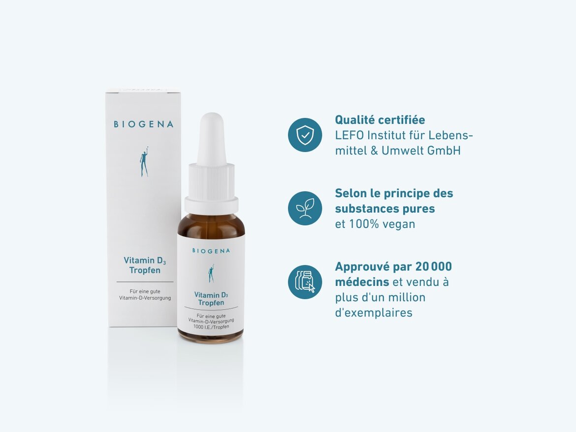 Flacon de gouttes Biogena Vitamin D₃ avec boîte blanche. Texte : Qualité certifiée LEFO Institut, principe des substances pures et 100% vegan, approuvé par 20 000 médecins et vendu à plus d’un million d’exemplaires.