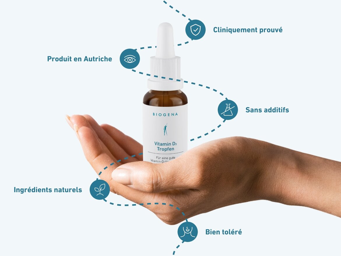 Flacon de gouttes Biogena Vitamin D₃ tenu dans une main. Texte : produit en Autriche, cliniquement prouvé, sans additifs, bien toléré, ingrédients naturels.
