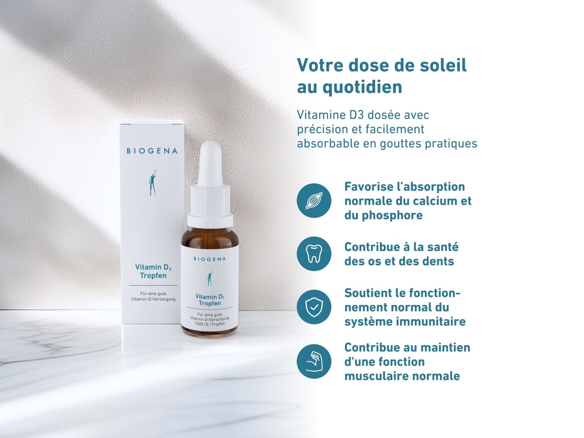 Flacon de gouttes Biogena Vitamin D₃ posé devant sa boîte sur une surface claire. Texte : Votre dose de soleil au quotidien. Bénéfices : favorise l’absorption normale du calcium et du phosphore, contribue à la santé des os et des dents, soutient le système immunitaire, aide à maintenir une fonction musculaire normale.