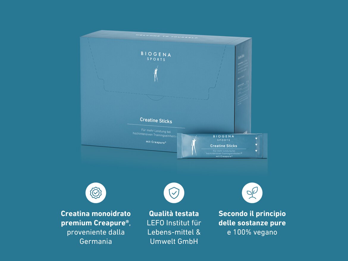 Confezione grande di BIOGENA SPORTS Creatine Sticks con uno stick posto davanti. A destra, tre punti chiave con icone: creatina Creapure® premium dalla Germania, qualità testata dal LEFO Institut, formula 100% vegana secondo il principio delle sostanze pure.
