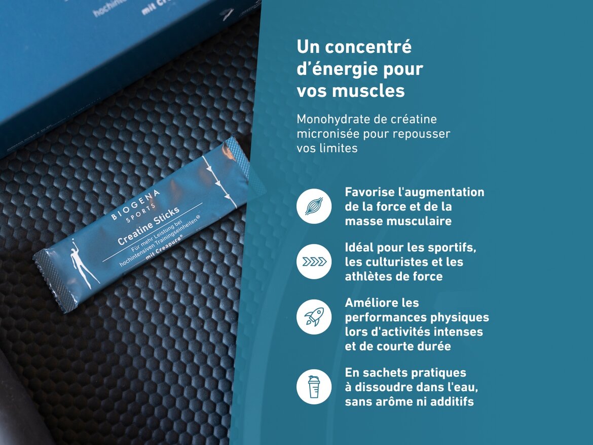 Un stick de créatine BIOGENA SPORTS est posé sur un tapis de sport. À droite, le texte présente les bénéfices : monohydrate de créatine micronisée pour booster la force et la masse musculaire, améliorer les performances physiques, idéal pour les athlètes, sans arômes ni additifs.