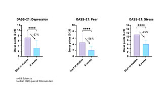 Bar graphs showing significant decreases in depression, fear, and stress scores over eight weeks. Each chart highlights percentage reductions.