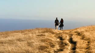 Zwei Menschen gehen Hand in Hand einen schmalen Pfad entlang durch trockenes Gras auf einem Hügel, mit weitem Blick auf den Horizont unter klarem Himmel.